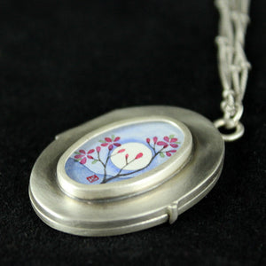 Ananda Khalsa - Large Locket - Plum blossom/moon, sterling silver